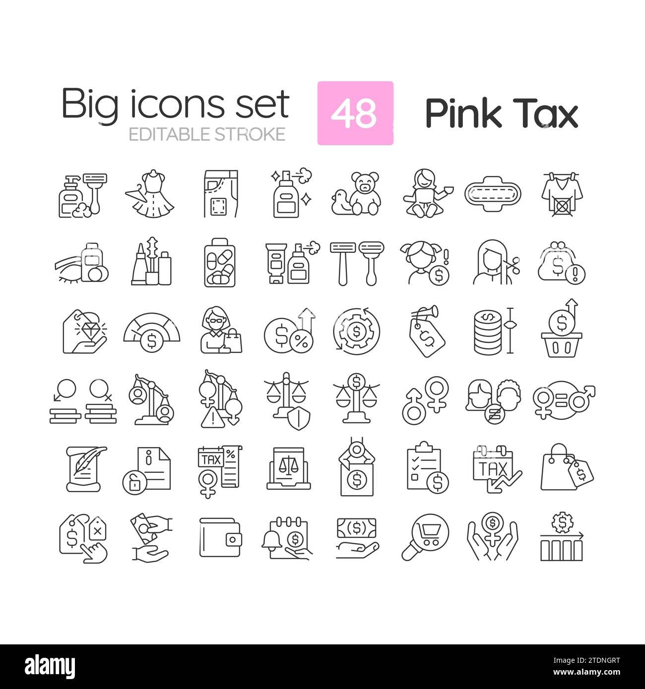 2D-bearbeitbare Symbole in großen schwarzen Linien für rosafarbene Steuern Stock Vektor