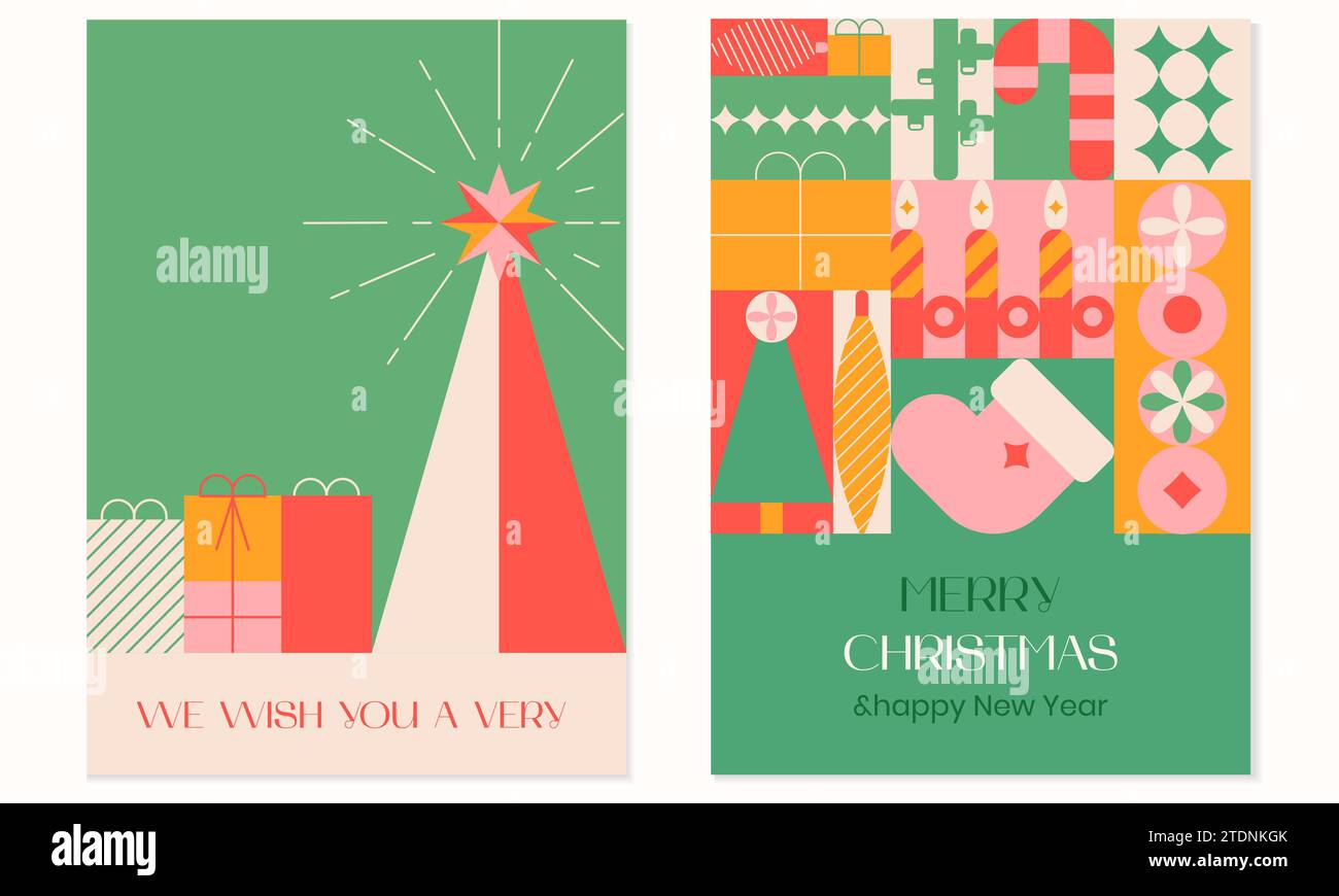 Weihnachtliches modernes Design, Weihnachtsgeschenke, Winterelemente, Kerzen, Weihnachtsbaum, Socke, Weihnachtsdekorationen. Geometrisch Stock Vektor