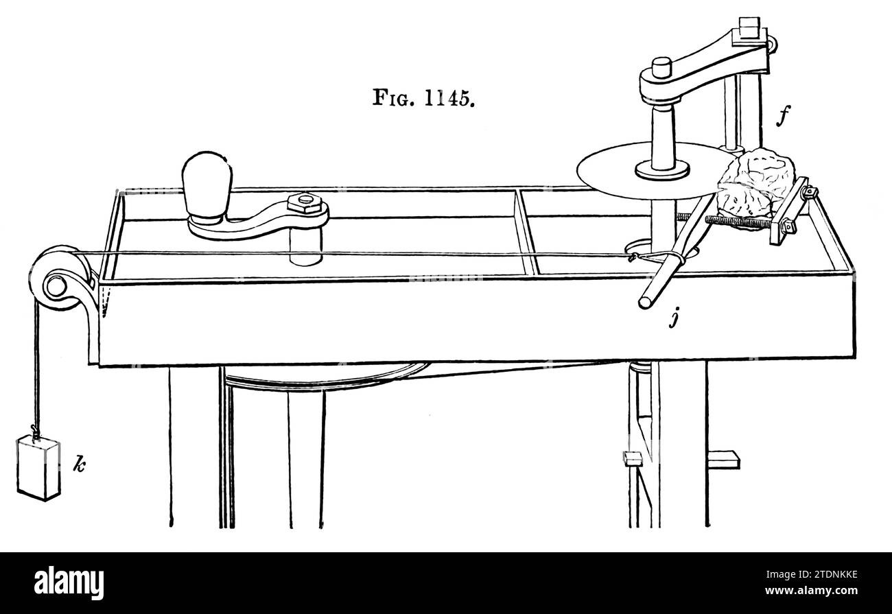 LAPIDARY's KRAN ZUM SCHNEIDEN VON STEINEN aus dem Buchdrehen und mechanischen Manipulationen, der als allgemeine Referenz und praktische Anleitung an der Drehmaschine gedacht ist, und die verschiedenen mechanischen Tätigkeiten, denen die Amateure Band 3 von Charles Holtzapffel (1806–1847) folgte, veröffentlicht 1850 von der Holtzapffel Company of Tool and DREAN Maker Stockfoto