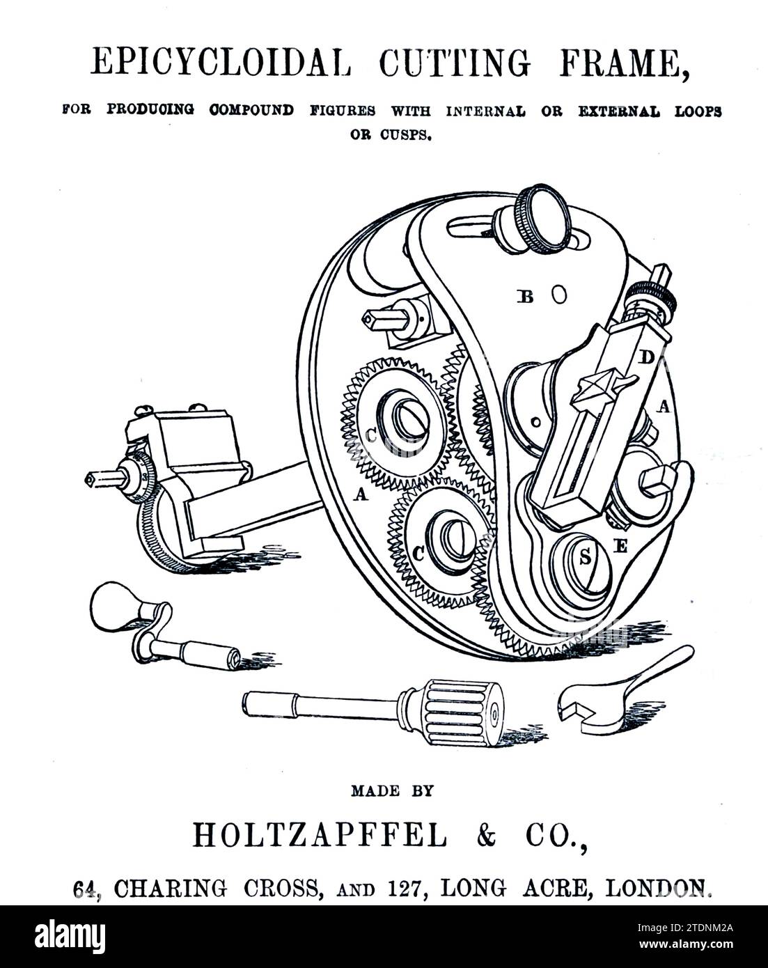 EPIZYKLOIDALER SCHNEIDRAHMEN aus dem Buch Drehen und mechanische Manipulation, das als Werk allgemeiner Referenz und praktischer Anleitung an der Drehmaschine gedacht war, und den verschiedenen mechanischen Verfolgungen gefolgt von Amateurband 4 von Charles Holtzapffel (1806–1847), veröffentlicht 1850 von der Holtzapffel Company of Tool and Drean Maker Stockfoto