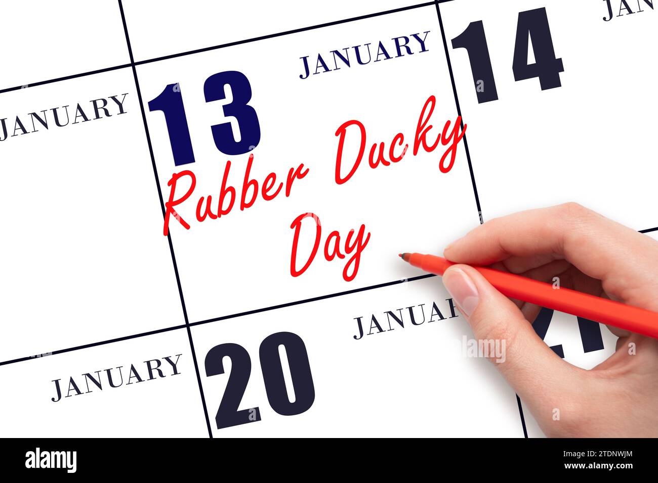 Januar: Handschrift Rubber Ducky Day am Kalenderdatum. Speichern Sie das Datum. Urlaub. Tag des Jahres-Konzept. Stockfoto