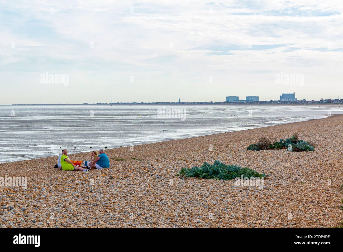 Gruppe von Menschen, die sich am Strand von Littlestone in Kent Südosten Englands, Großbritannien, entspannen, mit sichtbarem Dungeness Kernkraftwerk am Horizont. Stockfoto