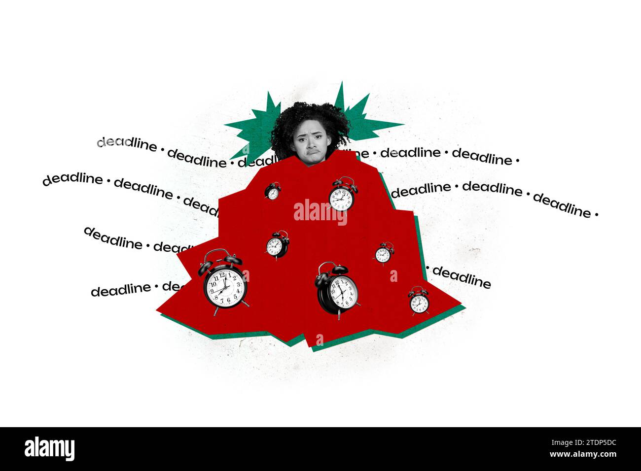 Gemaltes Collage-Bild des unglücklichen Mädchens in abstrakten Wecker eingewickelt unzufrieden, wenn es auf weißem Hintergrund klingelt Stockfoto