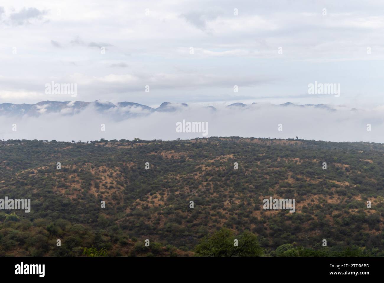 Berglandschaft mit dramatischem bewölktem Himmel an regnerischen Tagen aus verschiedenen Winkeln wird im Haldighati rajasthan india aufgenommen. Stockfoto