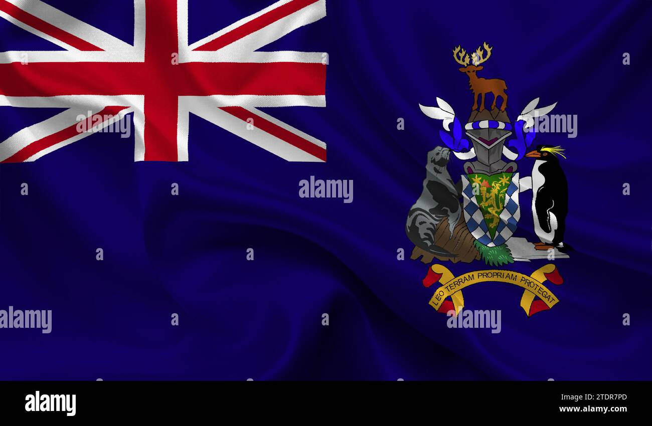 Hohe detaillierte Flagge von Südgeorgien und den südlichen Sandwichinseln. Nationale Flagge Südgeorgien und die Südsandwichinseln. 3D-Illustration Stockfoto