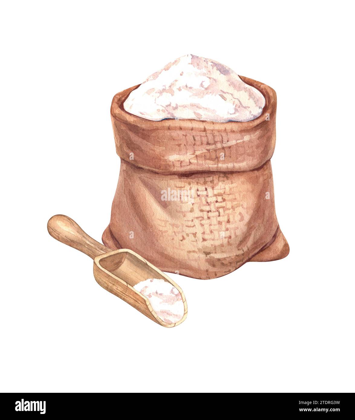 Sackleinen-Beutel mit Mehl und Holzlöffel. Sack mit Weizenmehl. Handgezeichnete Aquarellillustration, isoliert auf weißem Hintergrund. Für Bäckerei, Café Stockfoto