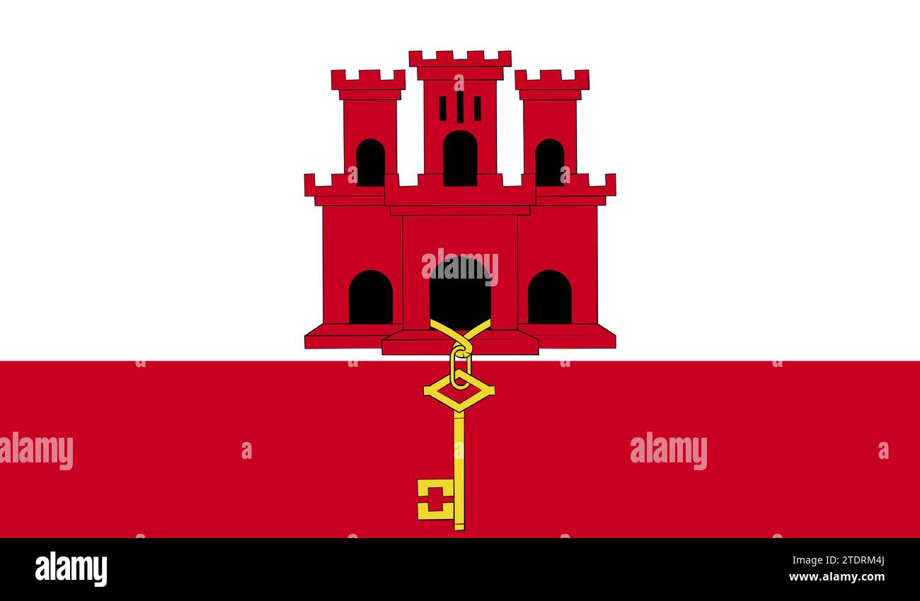 Hohe detaillierte Flagge von Gibraltar. Nationale Flagge von Gibraltar. 3D-Abbildung. Stockfoto