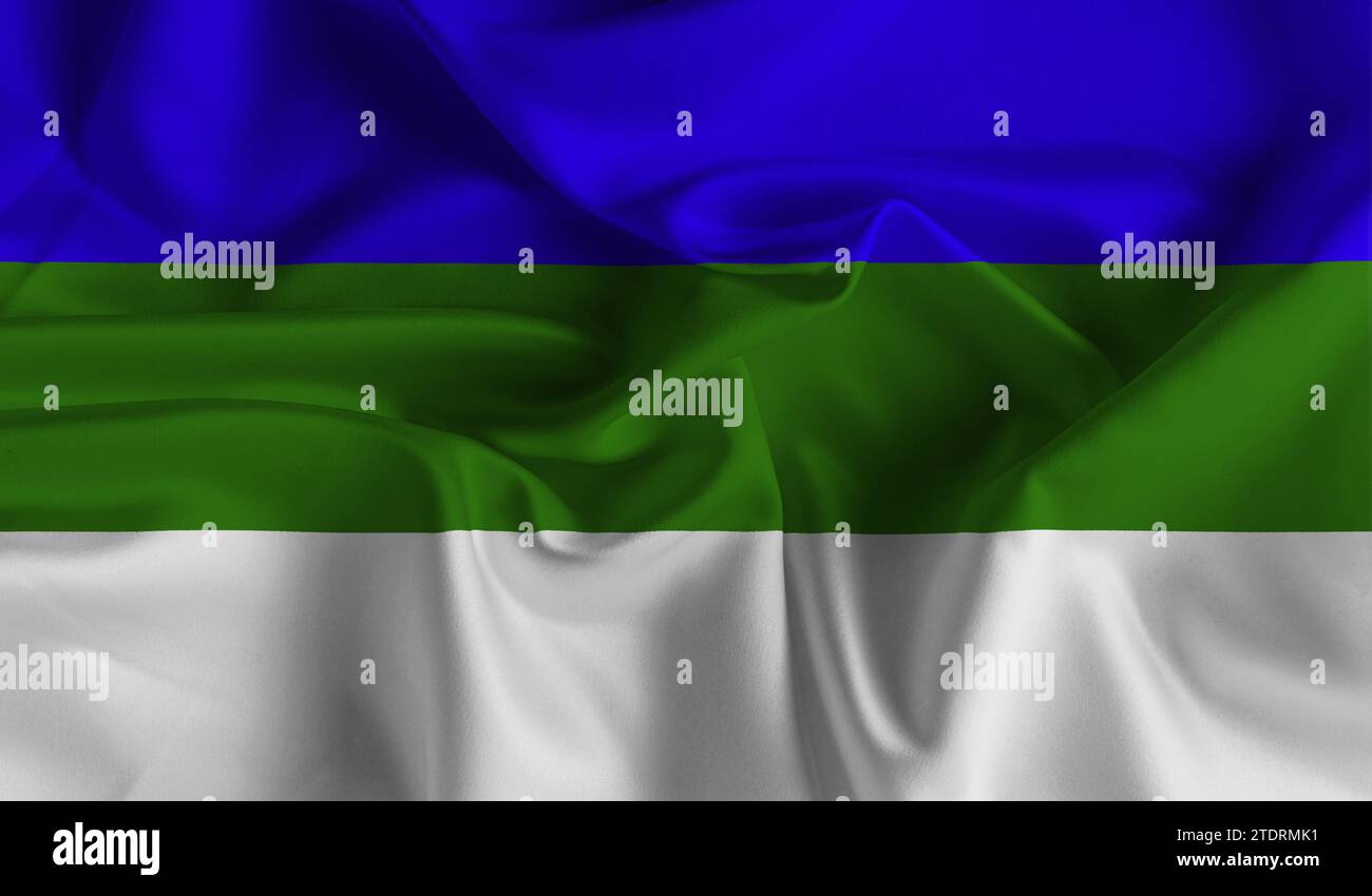 Detaillierte Flagge von Komi. Nationale Komi-Flagge. 3D-Abbildung. Stockfoto