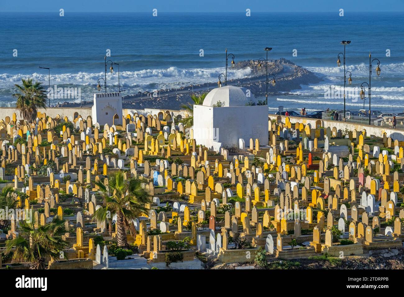 Islamische Gräber mit Grabsteinen auf dem muslimischen Friedhof Laalou mit Blick auf den Atlantik in der Stadt Rabat, Rabat-Salé-Kénitra, Marokko Stockfoto