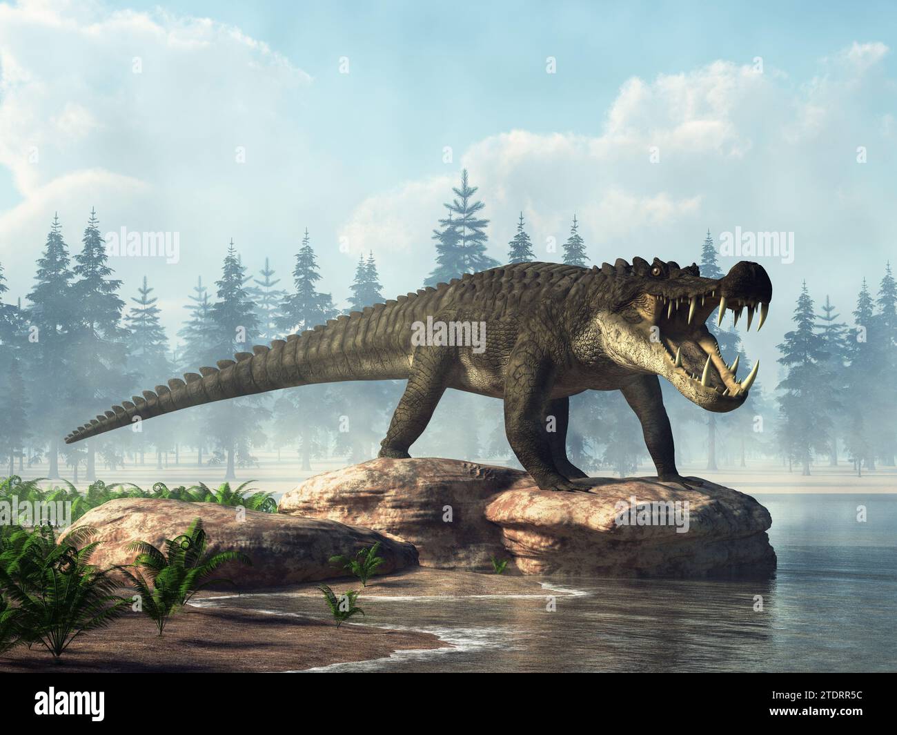 Kaprosuchus, bekannt für seine langen Stoßzähne, war eine prähistorische Kreatur, ein Cousin aus der kreidezeit der Krokodile und Alligatoren. Im Profil. 3D-Rendering Stockfoto