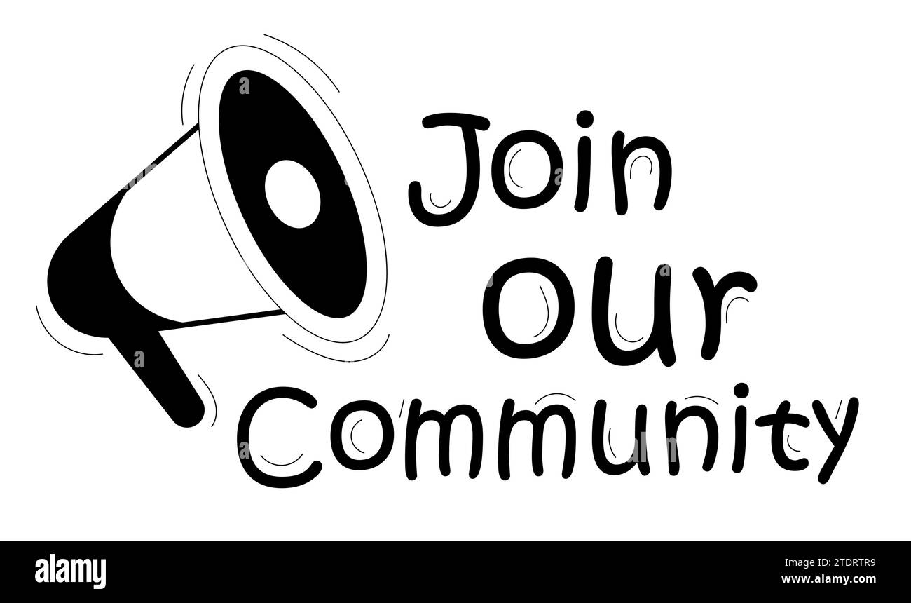 Treten Sie unserer Community bei. Treten Sie dem Team bei. Werbebanner mit Lautsprecher. Schriftvektorillustration im Cartoon-Stil isoliert auf weißem Hintergrund. Stock Vektor