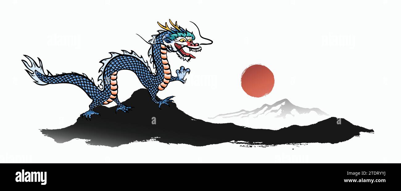 Ein blauer Drache schaut von einem Berg aus auf die Sonne. Tusche Pinselmalerei, koreanische traditionelle Malerei Vektor-Illustration. Stock Vektor