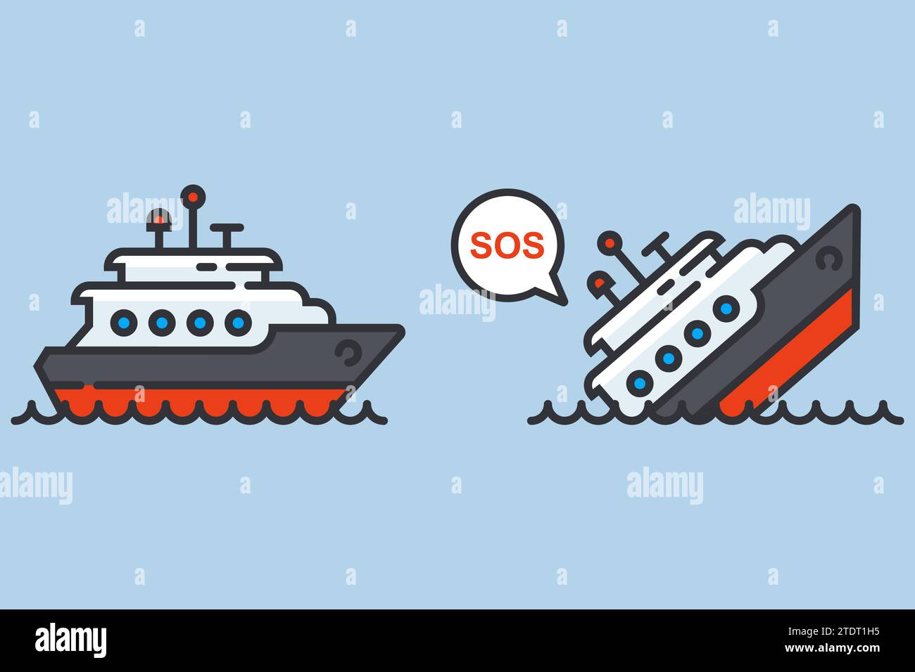 Das Schiff sinkt im Meer. Illustration des flachen Vektors Stock Vektor