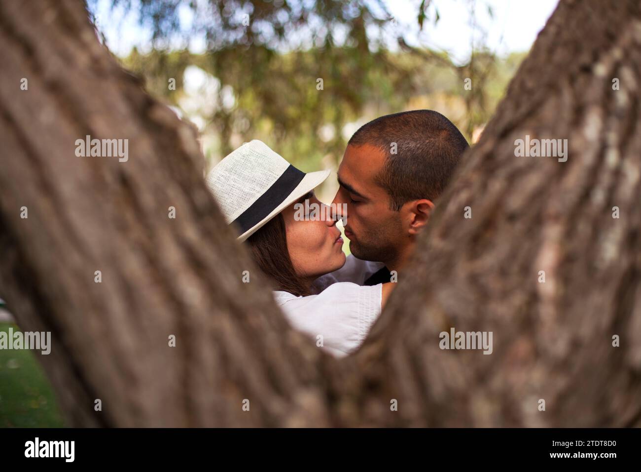 Leidenschaftliches Paartreffen im Park Stockfoto