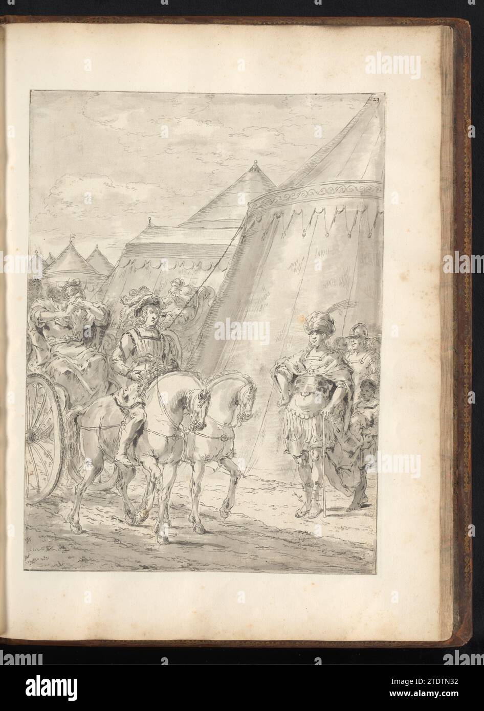 Staateira und ihre Tochter werden zu Alexander dem Großen gebracht, Leonaert Bramer, ca. 1655–ca. 1665 die inhaftierte Frau Staateira I. und die Tochter, möglicherweise Stateira II., des persischen Königs Darius III., betreten das Zeltlager Alexander des Großen. Alexander wartet vor seinem Zelt auf die Gefangenen. Beide Frauen weinen und sitzen in ihrem eigenen Auto. Oben rechts nummeriert: 23. Zeichnung ist Teil eines Albums. Papier. Die inhaftierte Frau Staateira I. und die Tochter, möglicherweise Stateira II., des persischen Königs Darius III., betreten das Zeltlager Alexanders des Großen. Alexa Stockfoto