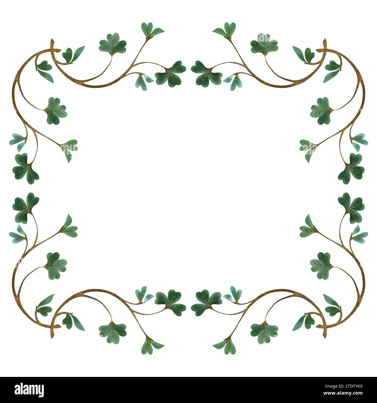 Rahmen aus Kleebrücken-Kleebrüsten. Dekoration für St.. Patrick's Day. Isolierte Aquarellillustration auf weißem Hintergrund. Clipart Stockfoto