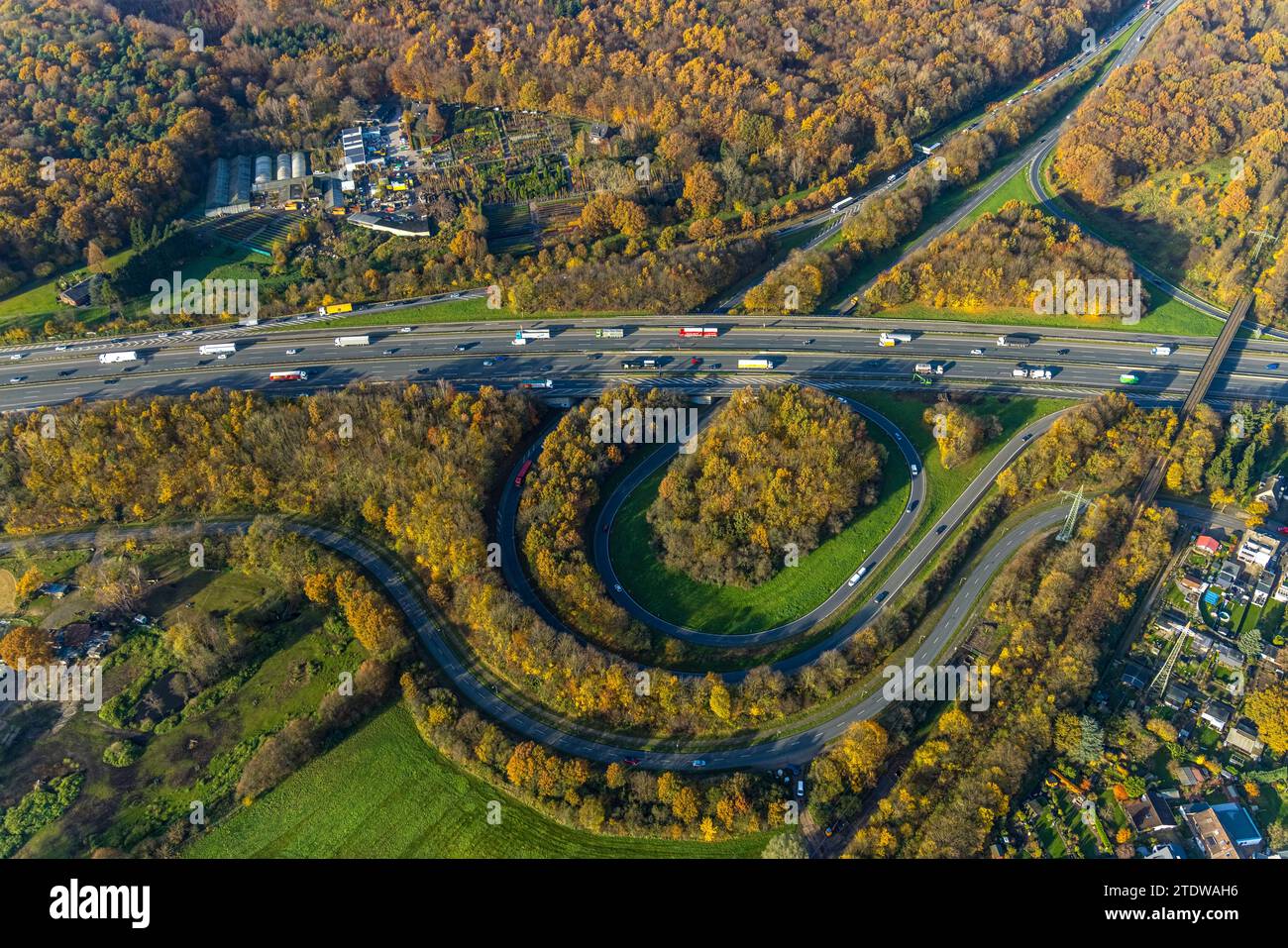 Luftaufnahme, Herbstwald mit Straßenverkehr Bottrop Kreuzung von Autobahn A2 und Autobahn A31, umgeben von herbstlichen Laubbäumen, Stadtwald, B Stockfoto