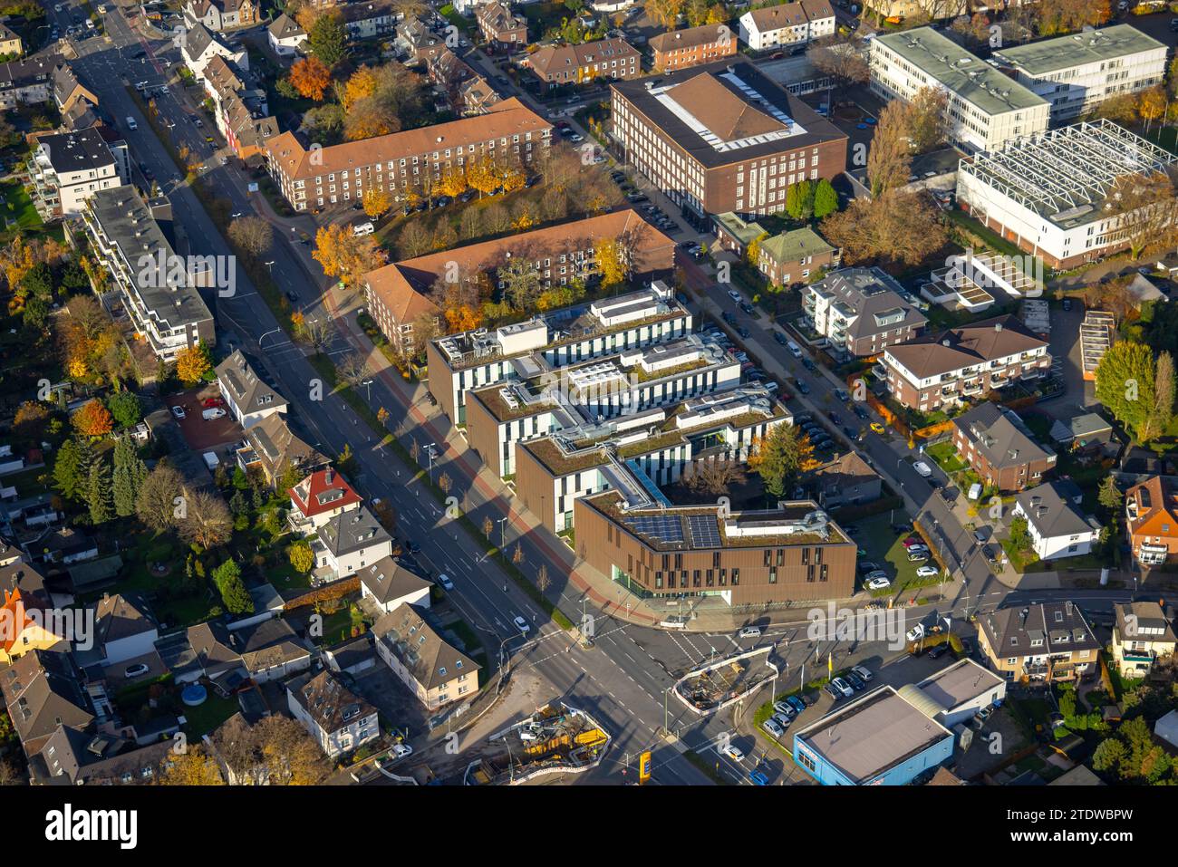 Luftaufnahme, HRW Hochschule Ruhr West - Campus Bottrop, Berufskolleg und Hans-Sachs-Platz, umgeben von herbstlichen Laubbäumen, Nordosten Bottrop Stockfoto