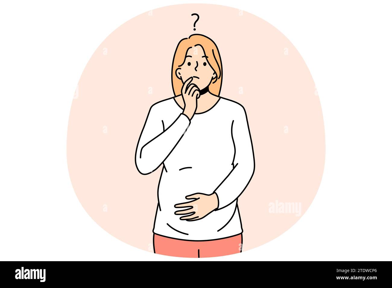 Frustrierte, junge, schwangere Frau berührt den Bauch und fühlt zweifelhaftes Denken. Eine