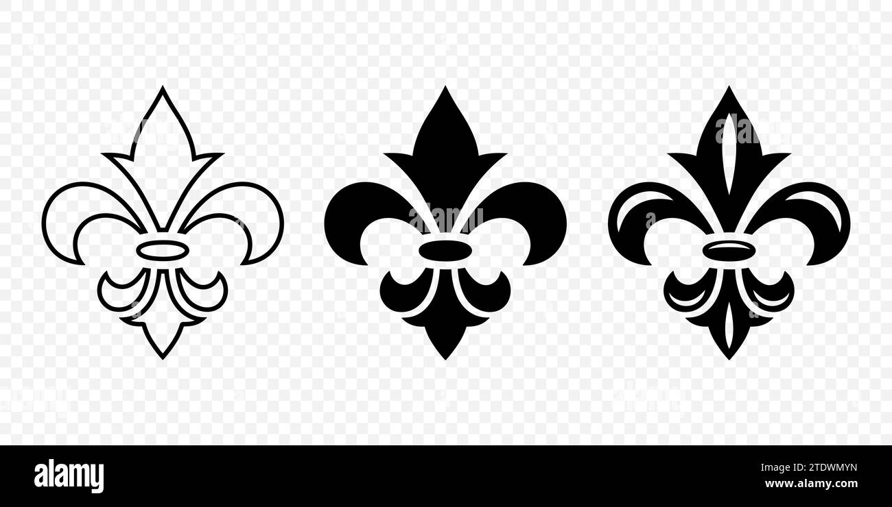 Vector Vintage White und Black Fleur De Lis Icon Set isoliert. Heraldic Lily, Retro Design Element. Vektordarstellung Stock Vektor