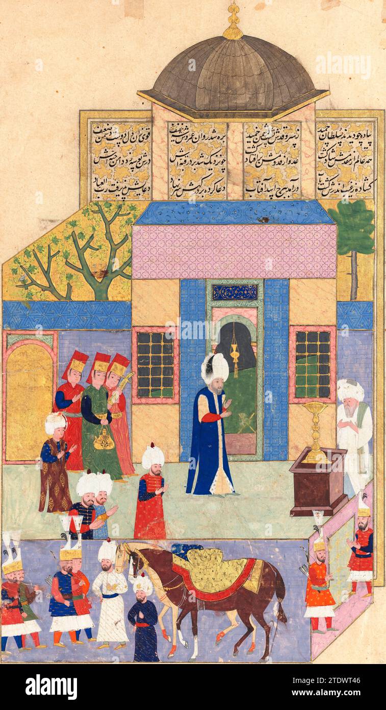 Suleiman der prächtige auf seiner Pilgerreise zum Schrein von Abu Ayyub al-Ansari in der Eyüp Sultan Moschee. Folio 38 aus der „Geschichte des Sultans Süleyman“ 1579 erleuchtete Handschrift von Sayyid Luqman. Stockfoto