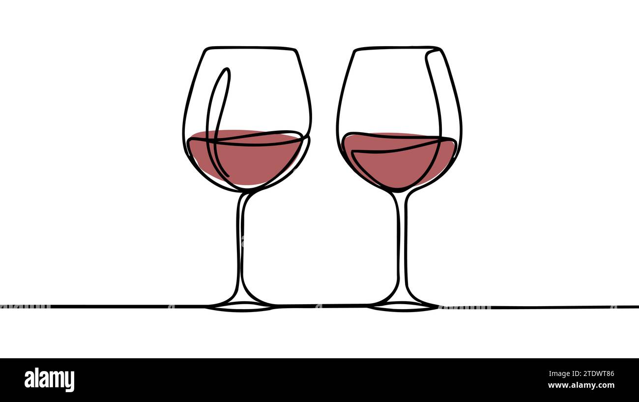 Durchgehende einzeilige Zeichnung von zwei Gläsern Rotwein. Minimalistisches lineares Konzept von Feiern und Anfeuern. Bearbeitbare Konturvektordarstellung Stock Vektor