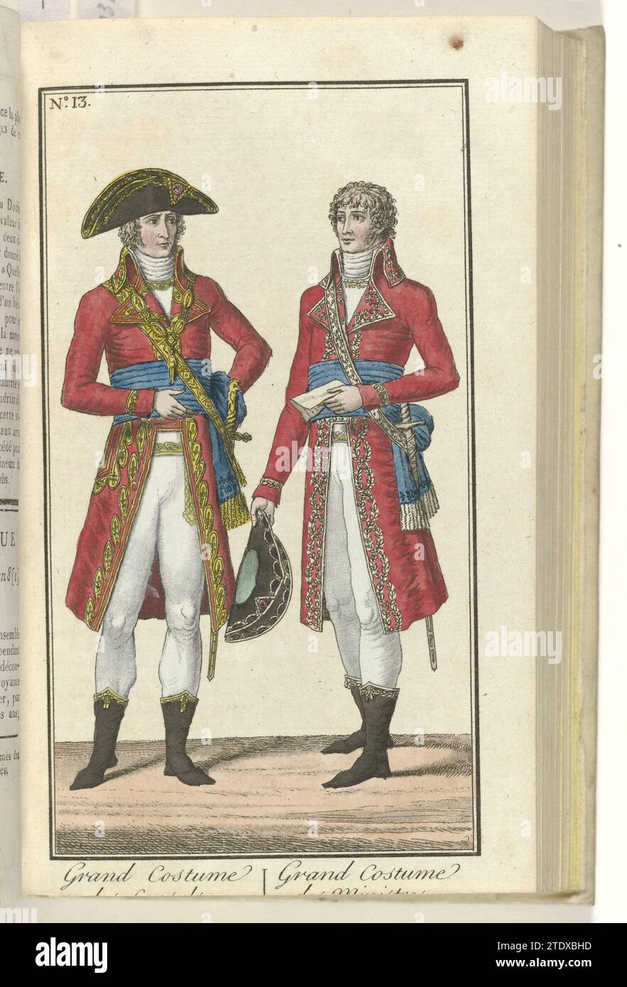 Der Monat, historische, literarische und kritische Zeitung, mit Zahlen, nein 13, 1800: Große Tracht des Generals / große Tracht des Pfarrers, 1800 Ein General und ein Pfarrer, die nebeneinander stehen. Druck aus der Zeitschrift Le Mois: Journal Historique, Littéraire et Critique avec Figures, 1800. Théâtre des Folies-Marigny-Papier, das Einen General und einen Minister beieinander aufträgt. Druck aus der Zeitschrift Le Mois: Journal Historique, Littéraire et Critique avec Figures, 1800. Théâtre des Folies-Marigny Papierätzung Stockfoto