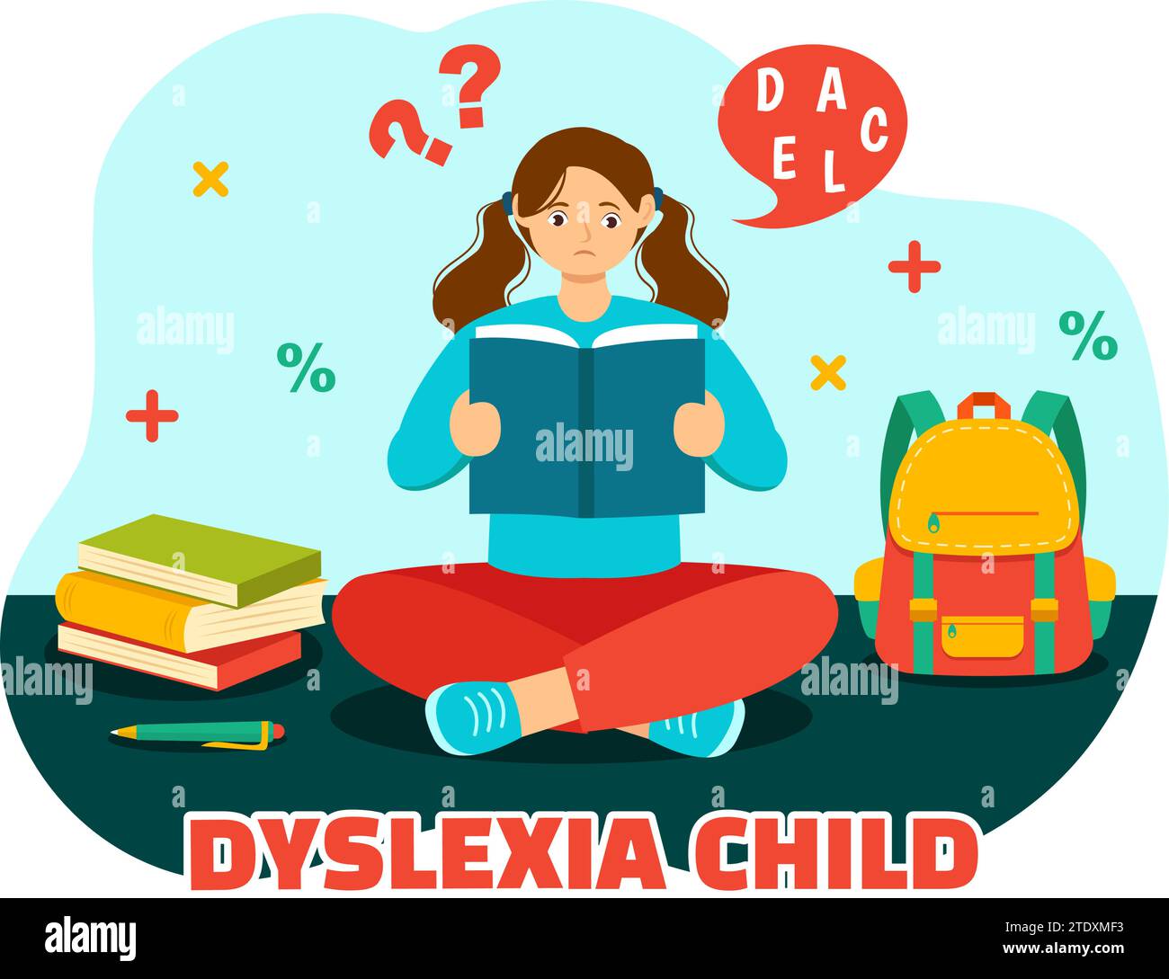 Legasthenie Kinder Vektor-Illustration der Kinder Dyslexie-Störung und Schwierigkeit beim Lernen Lesen mit Buchstaben, die heraus im flachen Zeichentrickhintergrund fliegen Stock Vektor