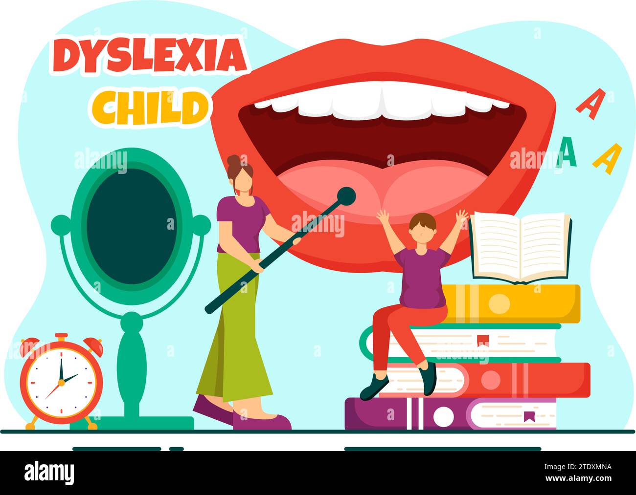 Legasthenie Kinder Vektor-Illustration der Kinder Dyslexie-Störung und Schwierigkeit beim Lernen Lesen mit Buchstaben, die heraus im flachen Zeichentrickhintergrund fliegen Stock Vektor