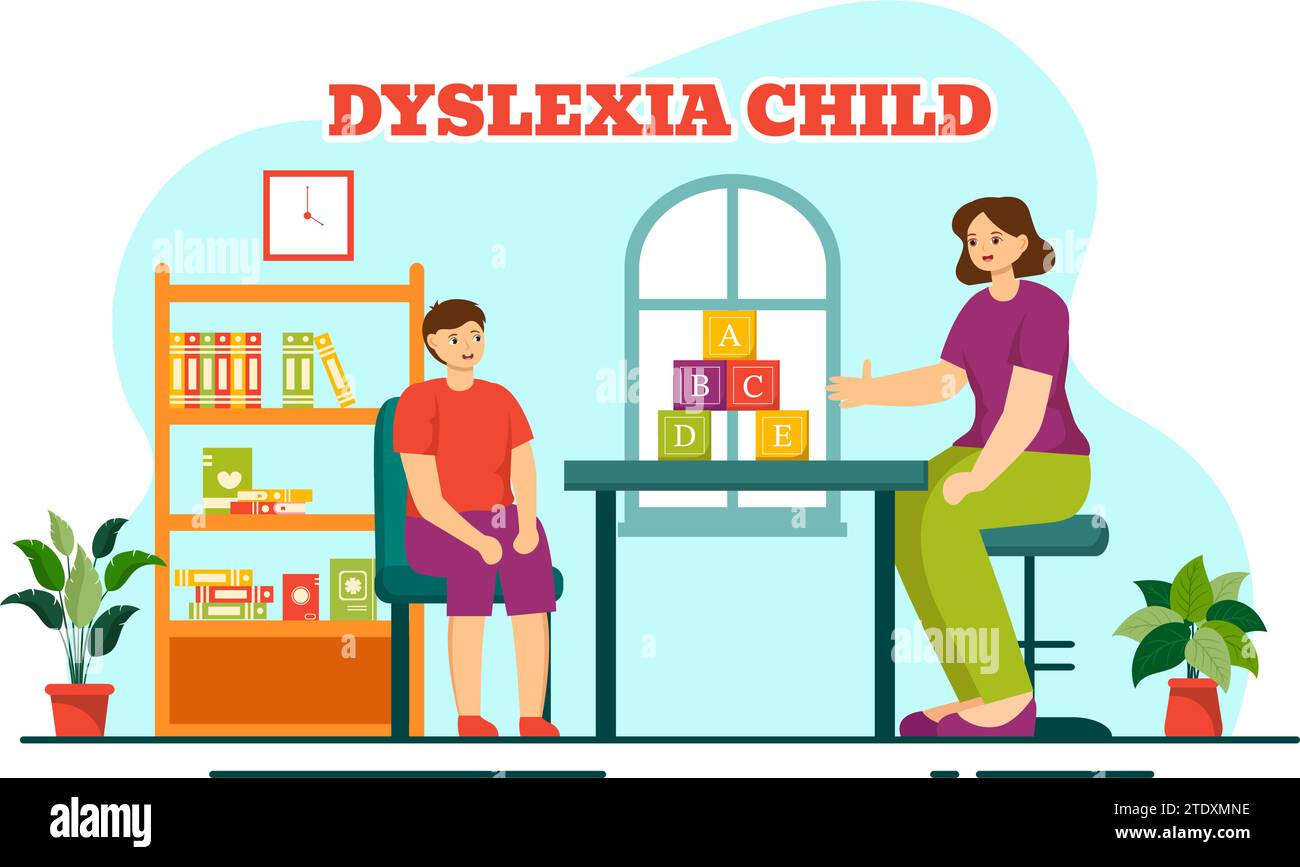 Legasthenie Kinder Vektor-Illustration der Kinder Dyslexie-Störung und Schwierigkeit beim Lernen Lesen mit Buchstaben, die heraus im flachen Zeichentrickhintergrund fliegen Stock Vektor