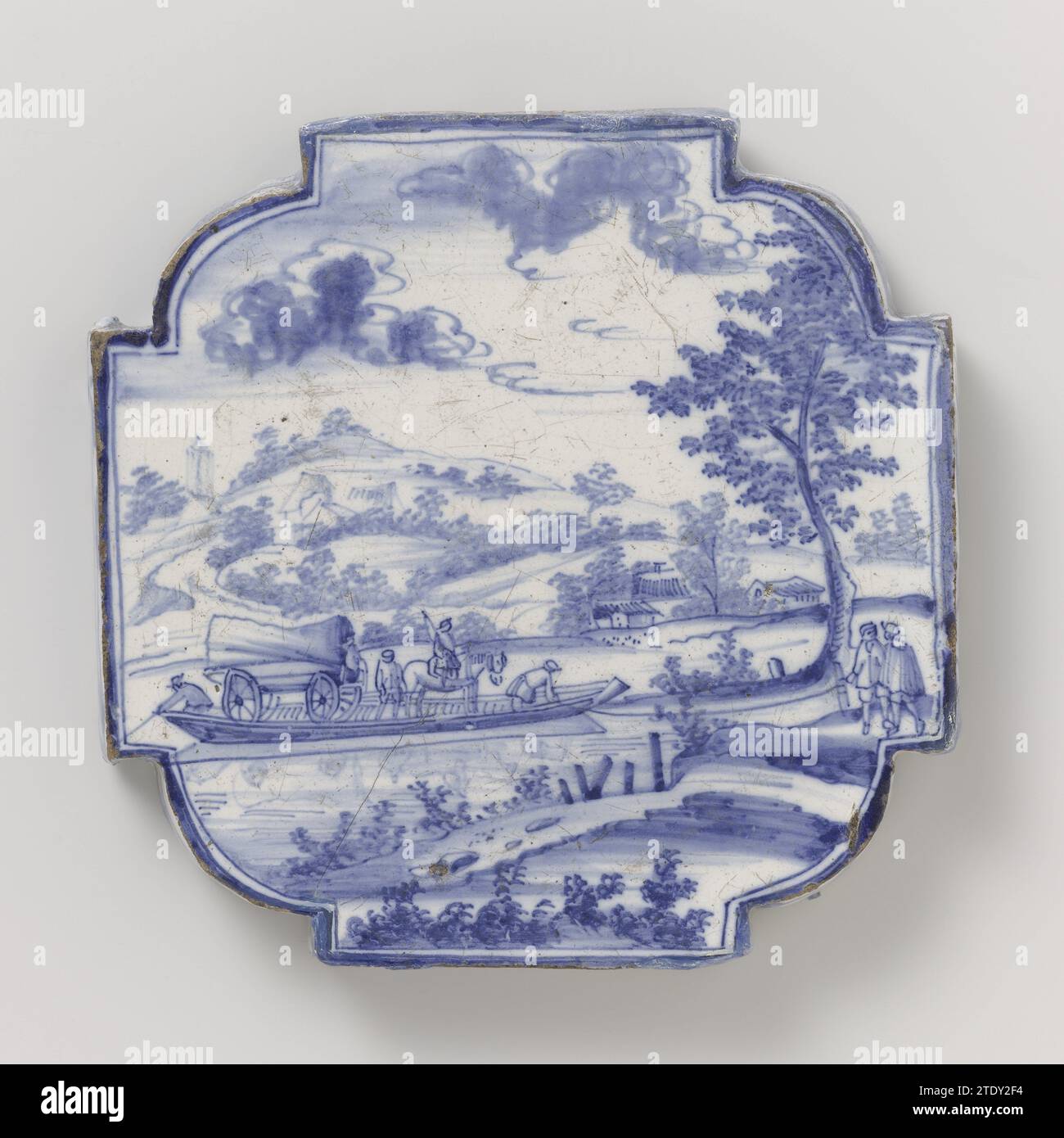 Stand, anonym, ca. 1735 - ca. 1745 Blatt, blaues Gemälde einer Wasserlandschaft. Amsterdam . Faaience Blatt, blaues Gemälde einer Wasserlandschaft. Amsterdam . Stockfoto