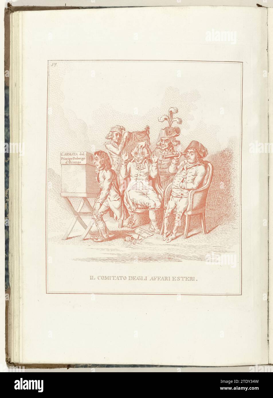 Auswärtiges Komitee, 1795, Anonym, Nach David Hess, Nach James Gillray, 1799 Cartoon über den Ausschuss für auswärtige Angelegenheiten, 1795. Die Mitglieder des Ausschusses können nur mit Hilfe verschiedener optischer Instrumente sehen. Auf der linken Seite wird ein Schaukasten zur möglichen Ankunft der Armee von Friedrich, Prinz von Orange, geschickt. Die Hauptfigur wird vom französischen General Pichegru mit Brille versehen. Rechts sieht ein Mann mit verschrumpelten Beinen (Jacob Hahn) durch ein Fernglas. Venedig Papierätzung / Gravur Cartoon im Ausschuss für auswärtige Angelegenheiten, 1795. Die Mitglieder des Ausschusses können nur mit dem sehen Stockfoto
