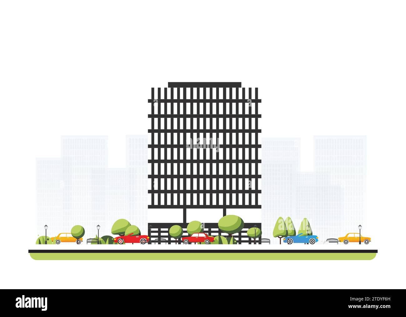 Stadtviertel mit hohem, modernem Gebäude in flachem Stil mit Bäumen und Autos. Vektorabbildung. Stadtszene isoliert auf weißem Hintergrund. Stock Vektor