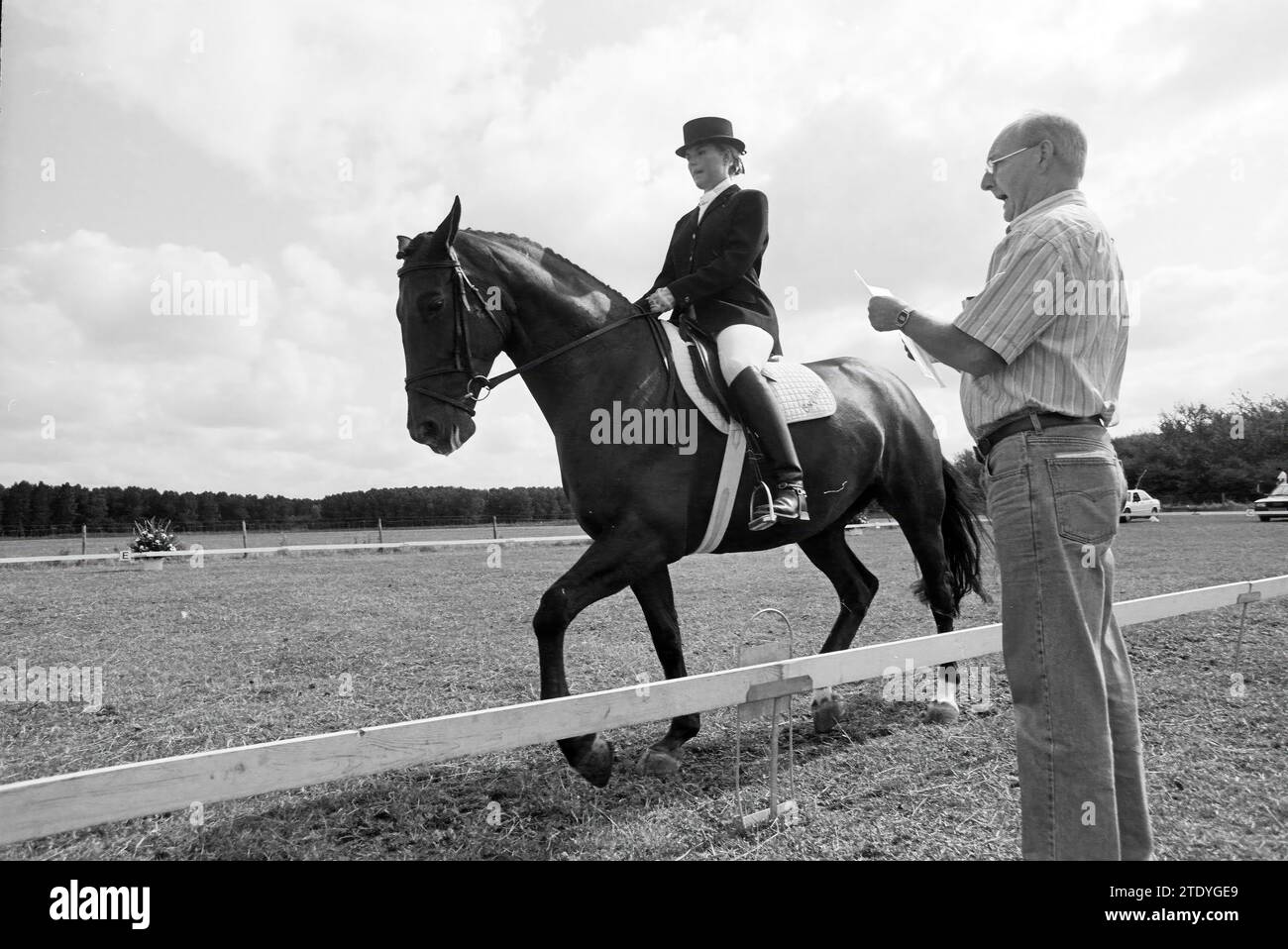 Dressurpferde, Sp'woude, Spaarnwoude, 14-08-1992, Whizgle News from the Past, maßgeschneidert für die Zukunft. Erkunden Sie historische Geschichten, das Image der niederländischen Agentur aus einer modernen Perspektive, die die Lücke zwischen den Ereignissen von gestern und den Erkenntnissen von morgen überbrückt. Eine zeitlose Reise, die die Geschichten prägt, die unsere Zukunft prägen. Stockfoto