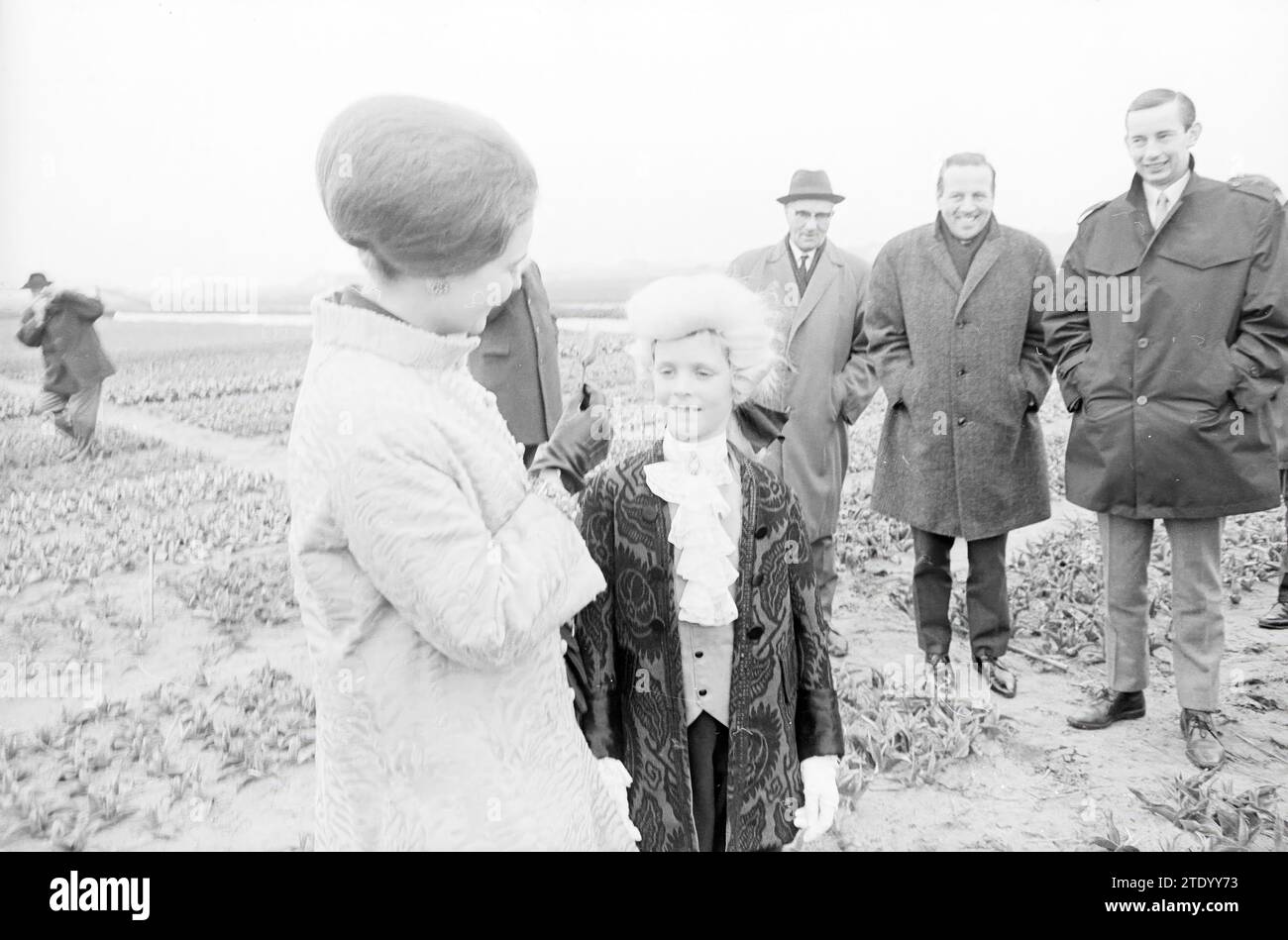 Die österreichische Pianistin Ingrid Haebler tauft die nach ihr benannte Tulpe, die ihr von einem jungen W. A. Mozart (gespielt von Joop Hemer/Hemert) präsentiert wird. Die neue Sorte ist rot-gelb und gezüchtet von der Firma Stassen Jr., Lisse, 19.04.1966, Whizgle News from the Past, zugeschnitten auf die Zukunft. Erkunden Sie historische Geschichten, das Image der niederländischen Agentur aus einer modernen Perspektive, die die Lücke zwischen den Ereignissen von gestern und den Erkenntnissen von morgen überbrückt. Eine zeitlose Reise, die die Geschichten prägt, die unsere Zukunft prägen. Stockfoto