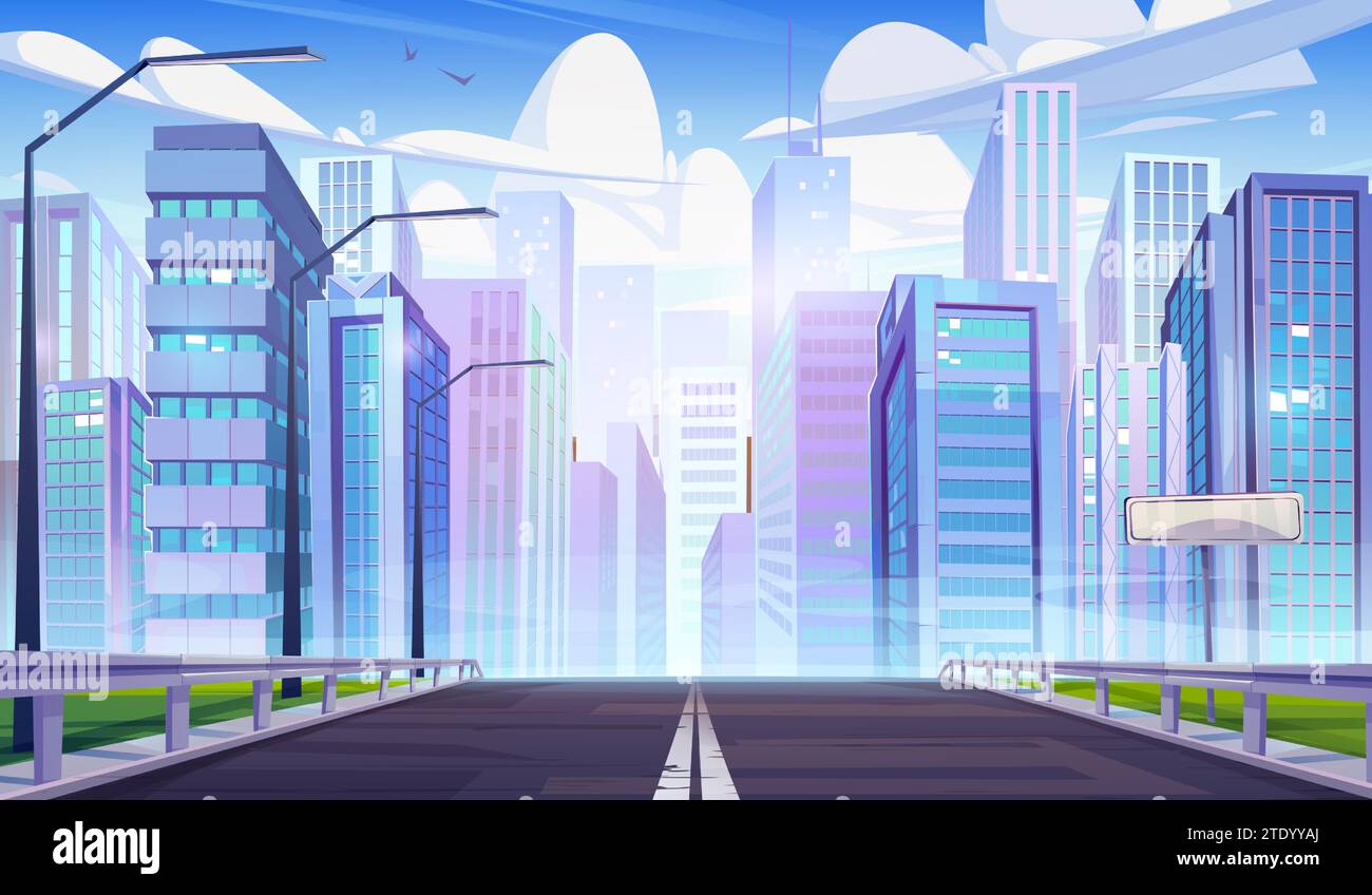 Moderne Stadtautobahn. Vektor-Cartoon-Illustration der städtischen Straße mit Wolkenkratzern, Hochhaus Büro- und Wohngebäude, Vögel fliegen hoch im blauen Himmel mit Wolken, leeres Namensschild Stock Vektor