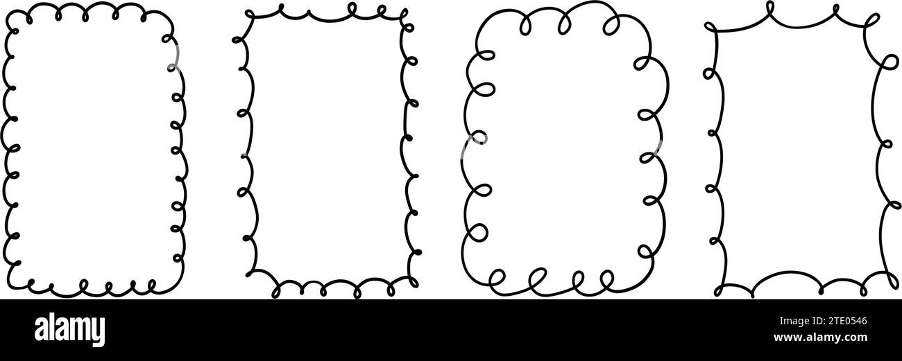 Rechteckige und ovale geschwungene Rahmen mit Kritzelung. Handgezeichnete, gewellte Kantenrechteck- und Ellipsenformen. Einfaches Etikettenformular. Blumensilhouette mit Spitzenrahmen Stock Vektor