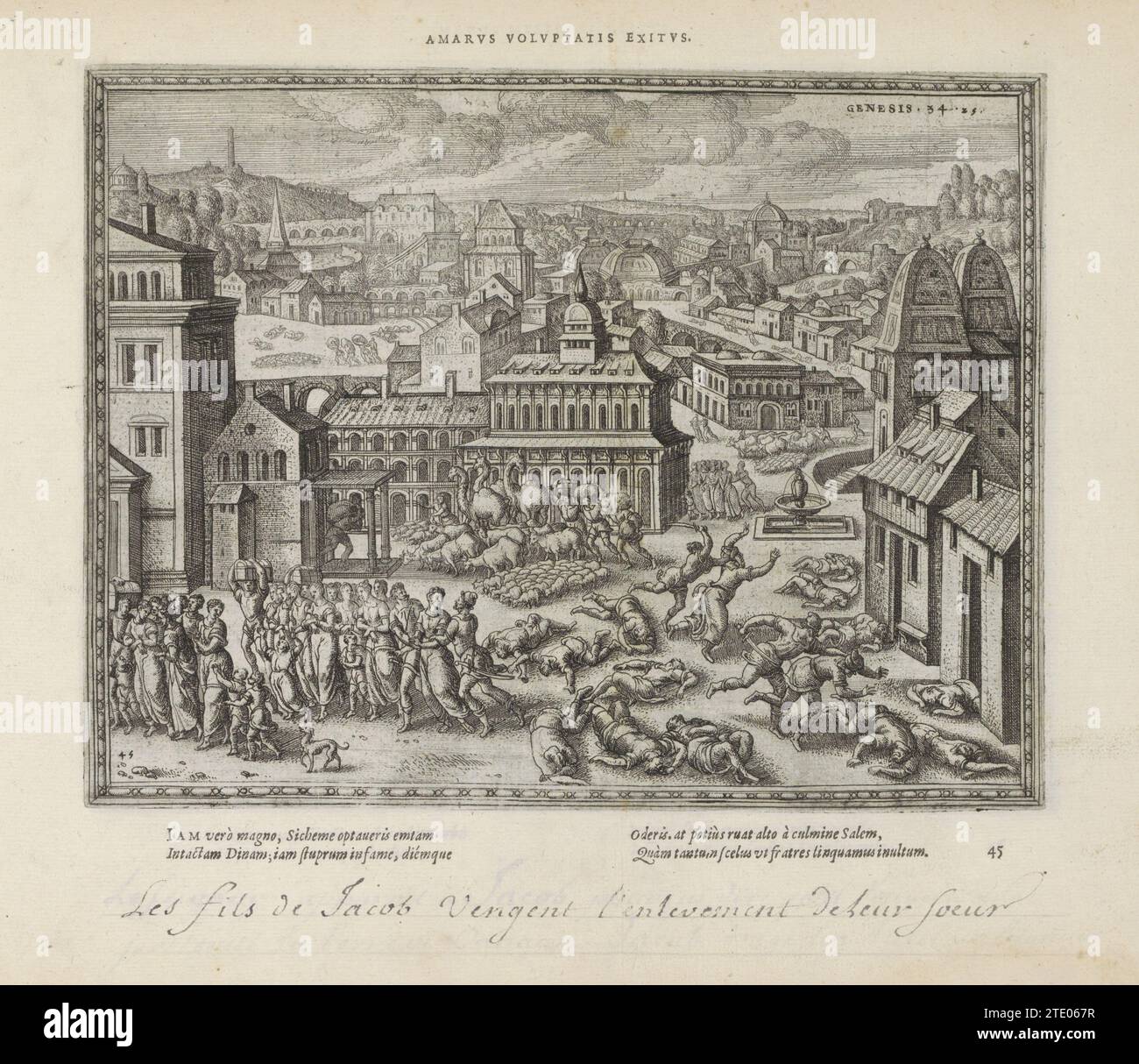 Simeon und Levi töten die Sichemiten und nehmen Dina mit nach Hause, 1613 Stadtbild. Simeon und Levi nehmen ihre Schwester Dina nach Hause, nachdem sie sich in Sichem rächen, die ihre Schwester getan hatten (Gen. 34:25). Mit einem lateinischen Motto über der Aufführung und einer vierzeiligen Unterschrift unter dem Druck. Der Ausdruck ist Teil eines Albums. Druckerei: Antwerpen: Amsterdam Papier Buchdruck / Ätzen Stadtbild. Simeon und Levi nehmen ihre Schwester Dina nach Hause, nachdem sie sich in Sichem rächen, die ihre Schwester getan hatten (Gen. 34:25). Mit einem lateinischen Motto über dem Auftritt und einer vier Stockfoto