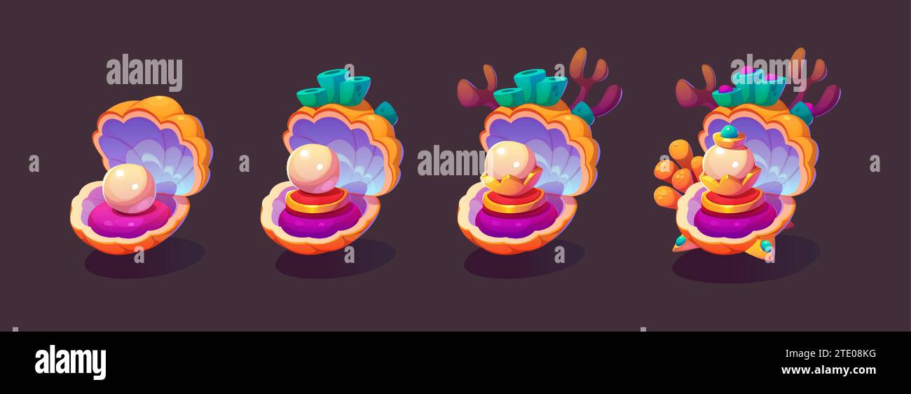 Set Muscheln mit Gold und Perlen isoliert auf schwarzem Hintergrund. Vektor-Cartoon-Illustration von Jakobsmuschel mit Schätzen im Inneren, Spielranglisten, Meeresstrand oder Aquarium Meeresboden Design-Elemente Stock Vektor