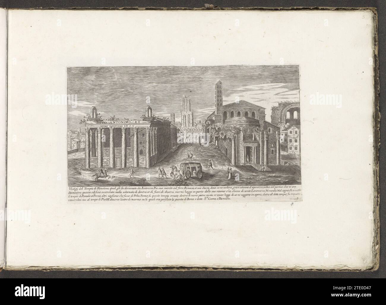 Tempel von Antoninus Pius und Faustina und Tempel von Romulus, 1680 Ansicht des Forum Romanum mit dem Tempel von Antoninus Pius und Faustina links und rechts der Tempel von Romulus, Teil der Kirche des Heiligen Kosmas und Daminanus. Im Hintergrund der Torre dei Conti. Im Vordergrund Figuren und eine Kutsche mit zwei Pferden. Vier Textzeilen in italienischer Sprache am unteren Rand. Der Ausdruck ist Teil eines Albums. Nach dem Druck von: Praagpublisher: Rom Papierstich Tempel Van Romulus. Tempel Van Antoninus en Faustina. Basilika der Heiligen Cosma und Damiano. Forum Romanum. Torre dei Stockfoto