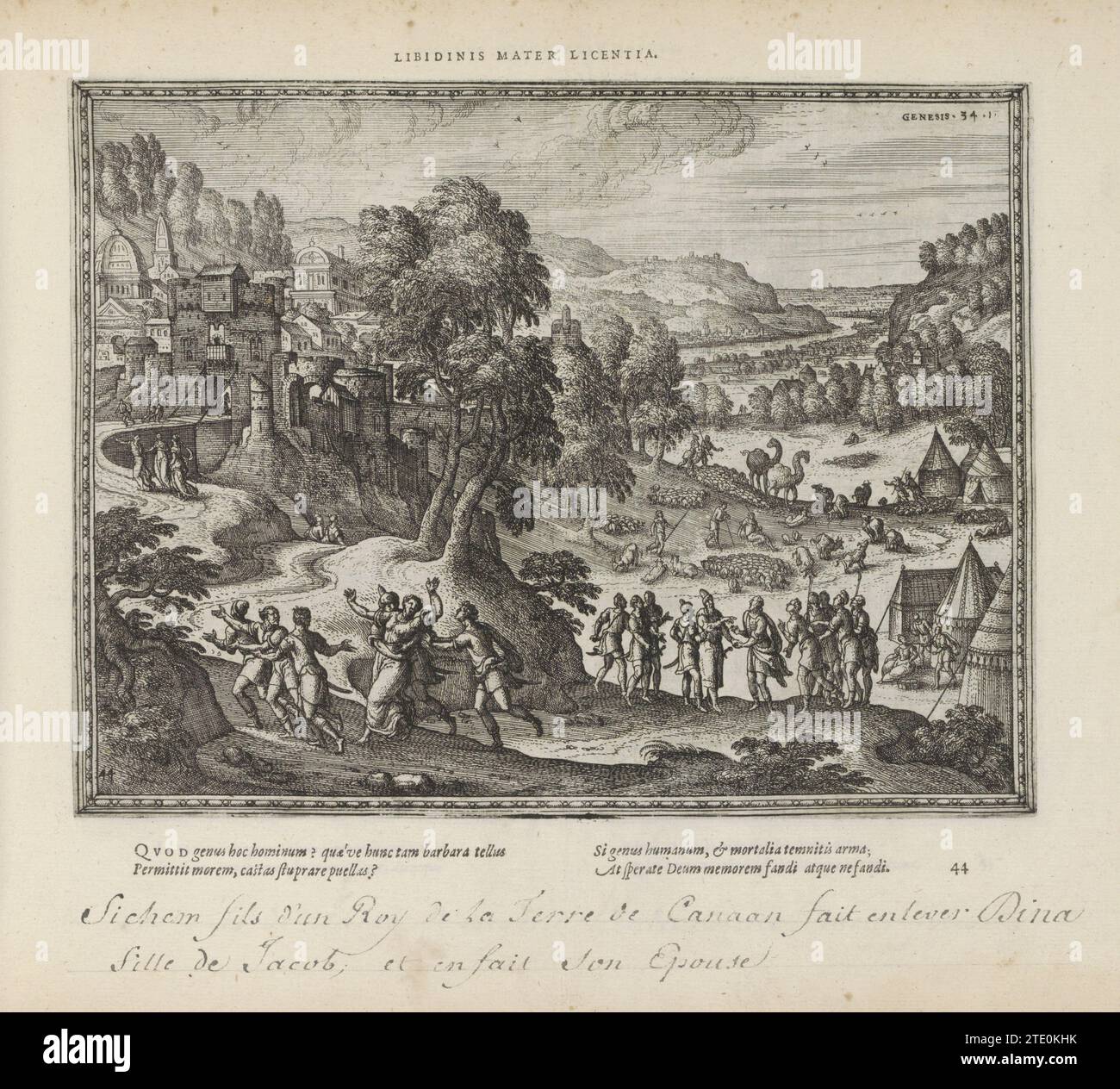 Dina von SiChem überwältigt / Chamor und SiChem bitten Jakob um Dinas Hand, 1613 hügelige Landschaft. Auf der linken Seite wird Dina, die Tochter Jakobs, von SiChem überwältigt und gefangen genommen. Auf der rechten Seite bitten SiChem und Chamor, sein Vater, Jakob und seine Söhne um Dinas Hand (Gen. 34,1). Mit einem lateinischen Motto über der Aufführung und einer vierzeiligen Unterschrift unter dem Druck. Der Ausdruck ist Teil eines Albums. Druckerei: Antwerpen: Amsterdam Papier Buchdruck / Ätzen Hügellandschaft. Auf der linken Seite wird Dina, die Tochter Jakobs, von SiChem überwältigt und gefangen genommen. Auf der rechten Seite, SiChem und Cham Stockfoto