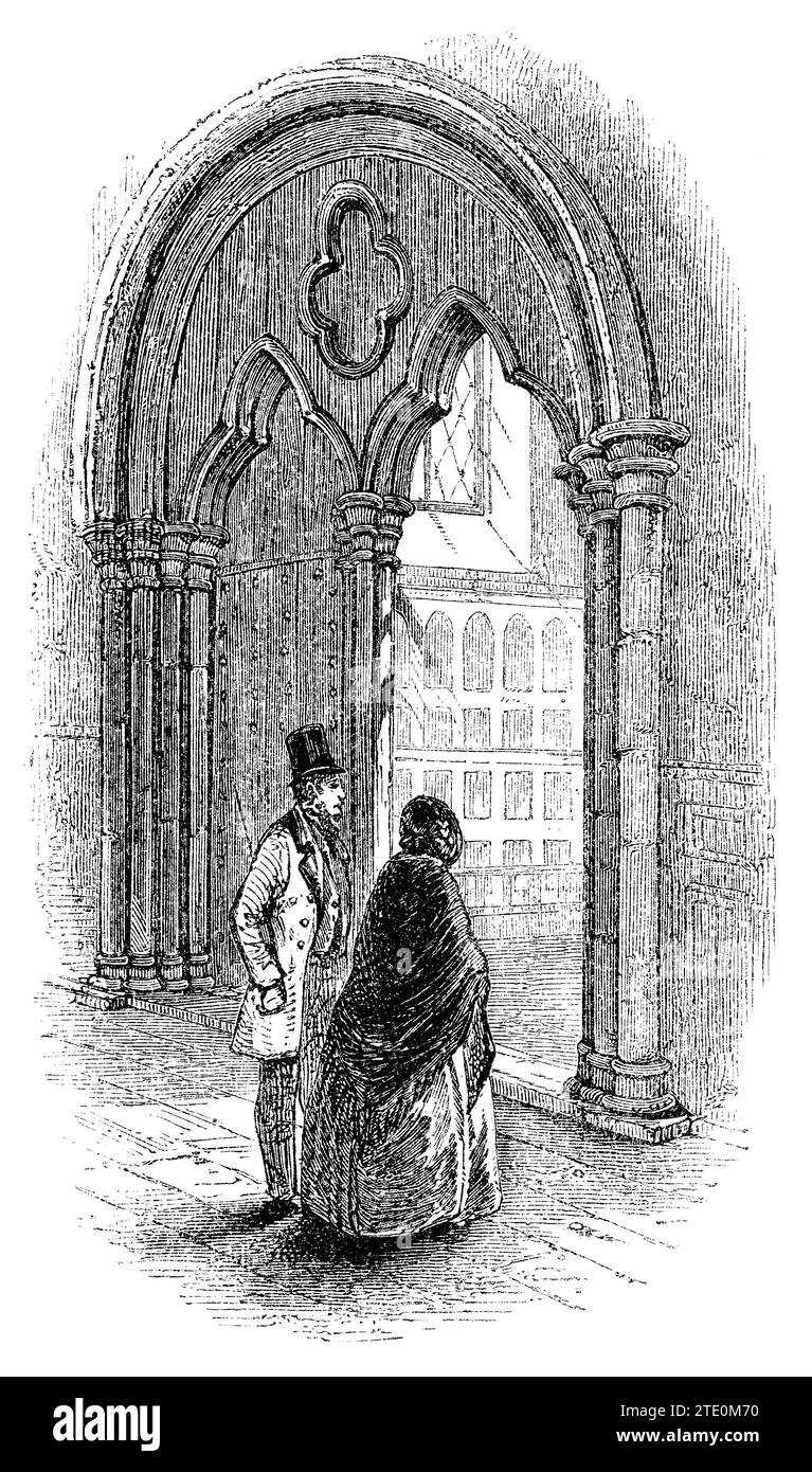 Vintage 1854 Gravur des Eingangs zur Kapelle im Lambeth Palace, London. Stockfoto