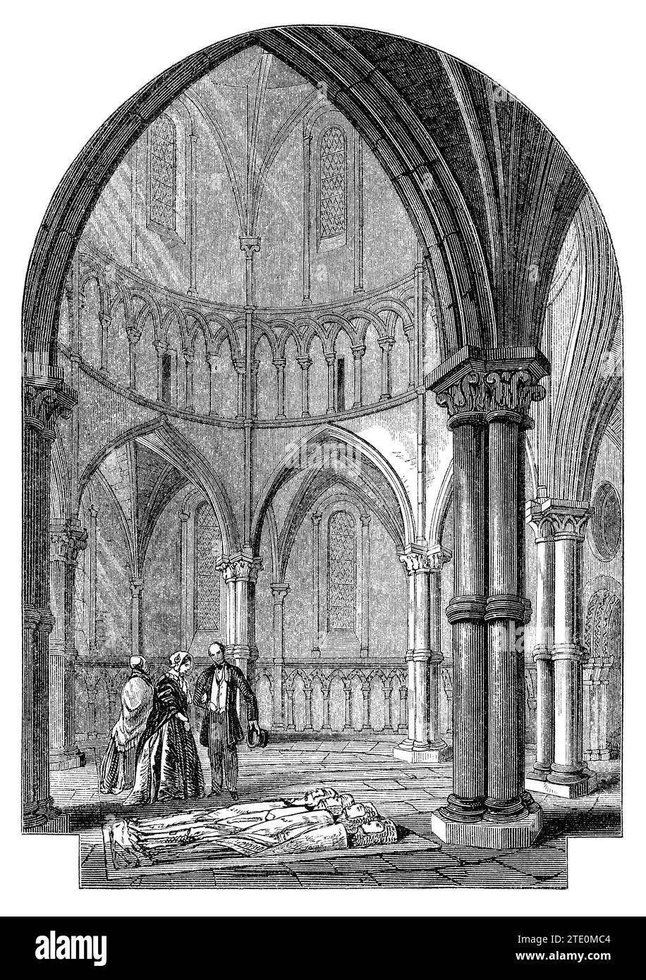 Vintage 1854 Gravur des Innenraums der Rotunde der Temple Church in der City of London, mit Abbildungen von Rittern auf dem Boden. Stockfoto
