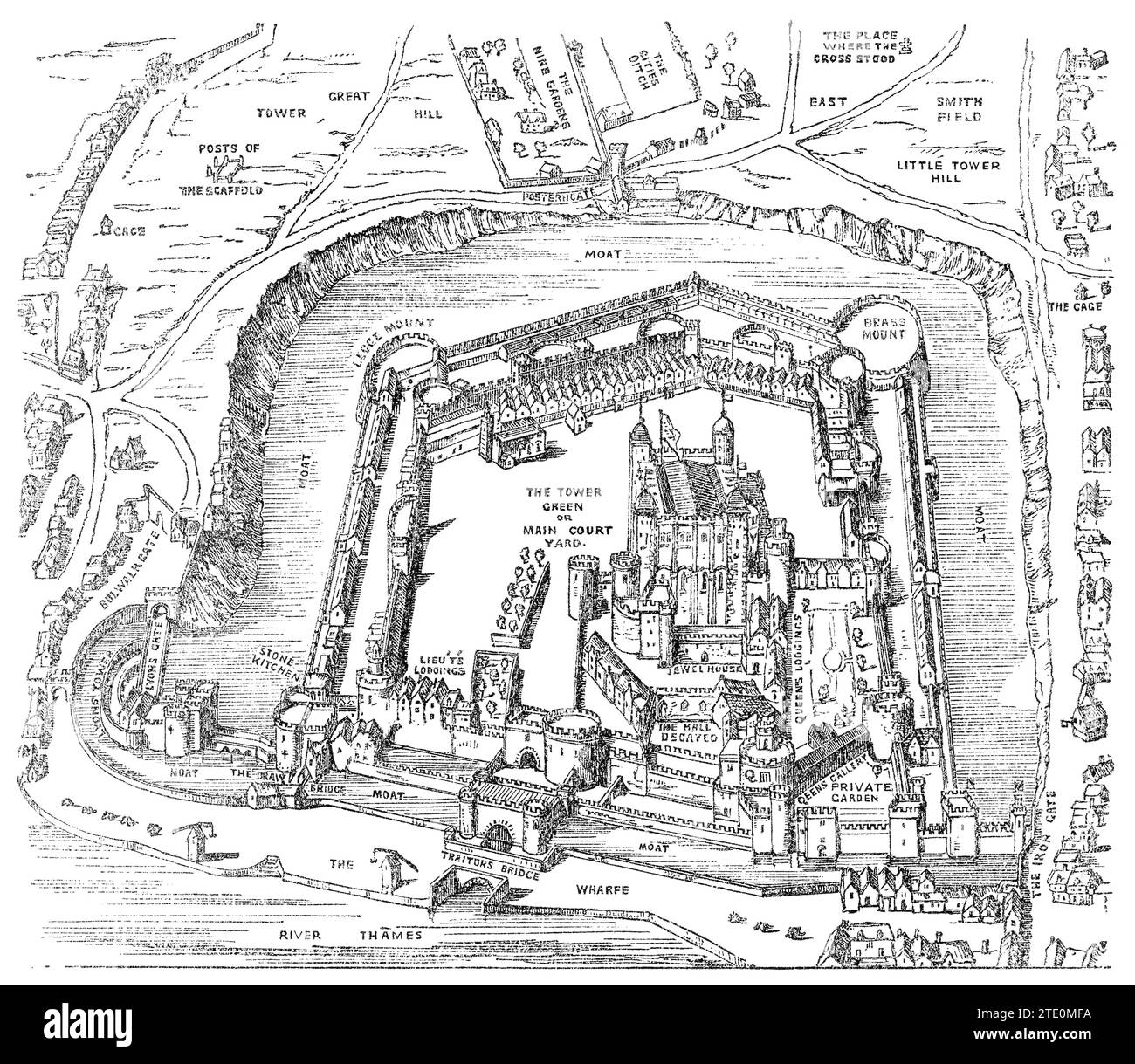 Vintage 1854 Gravur einer 3D-Karte The Tower of London. Stockfoto