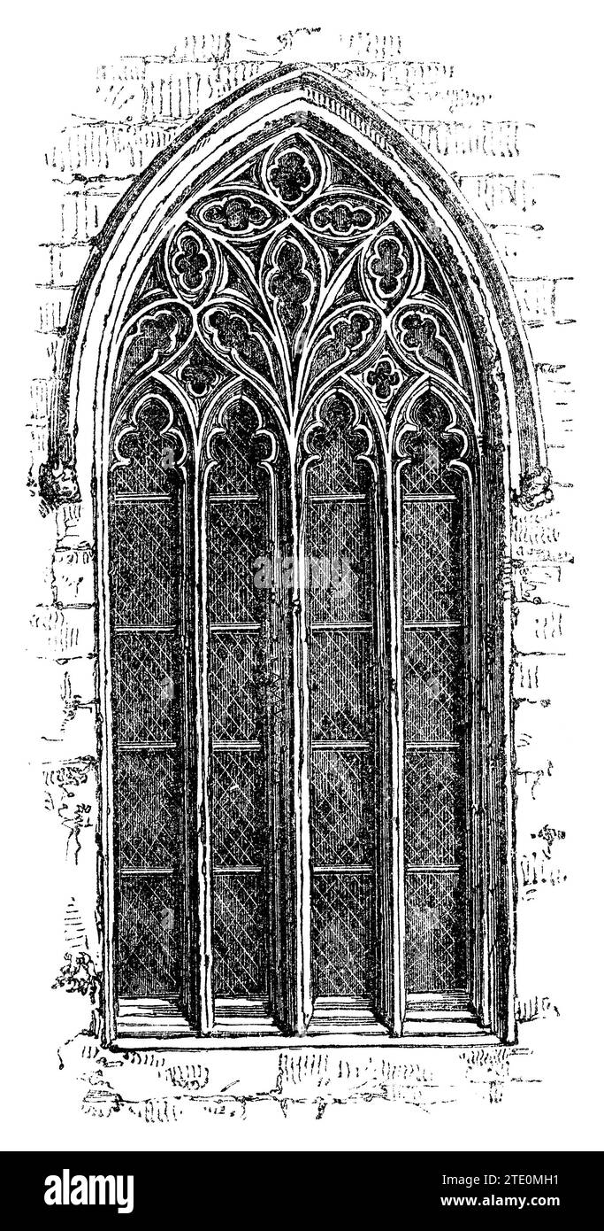 Vintage 1854 Gravur eines Fensters der niederländischen Kirche, Austin Friars, London. Das Gebäude wurde 1940 durch Bomben zerstört. Stockfoto