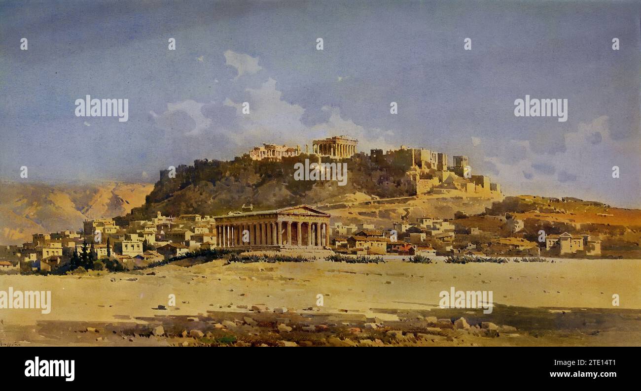 Giallinas Angelos (1857 - 1939) Thision und die Akropolis, Gemälde 19.-20. Jahrhundert, Nationalgalerie, Athen, Griechenland. Stockfoto
