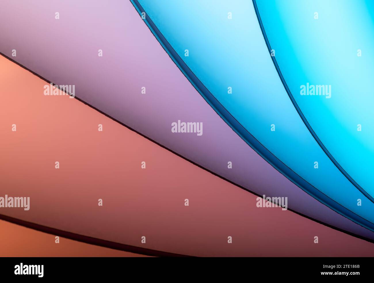 Blätter gefaltetes Papier, fotografiert mit zwei separaten Blitzen und mit farbigen Gelen, um die Farbe hinzuzufügen Stockfoto