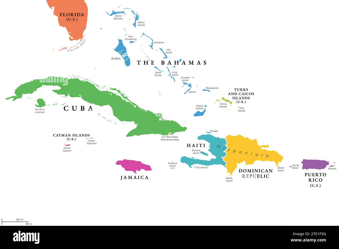 Große Antillen in der Karibik, bunte politische Landkarte. Gruppierung größerer Inseln im Karibischen Meer. Stockfoto