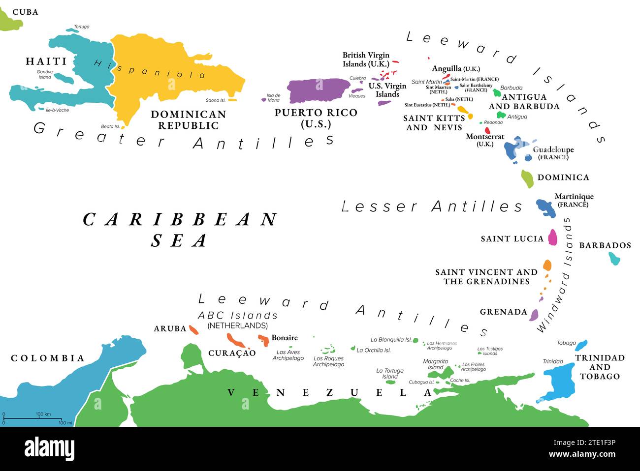 Kleine Antillen der Karibik, bunte politische Landkarte. Inselgruppe zwischen den Großen Antillen und Südamerika. Stockfoto