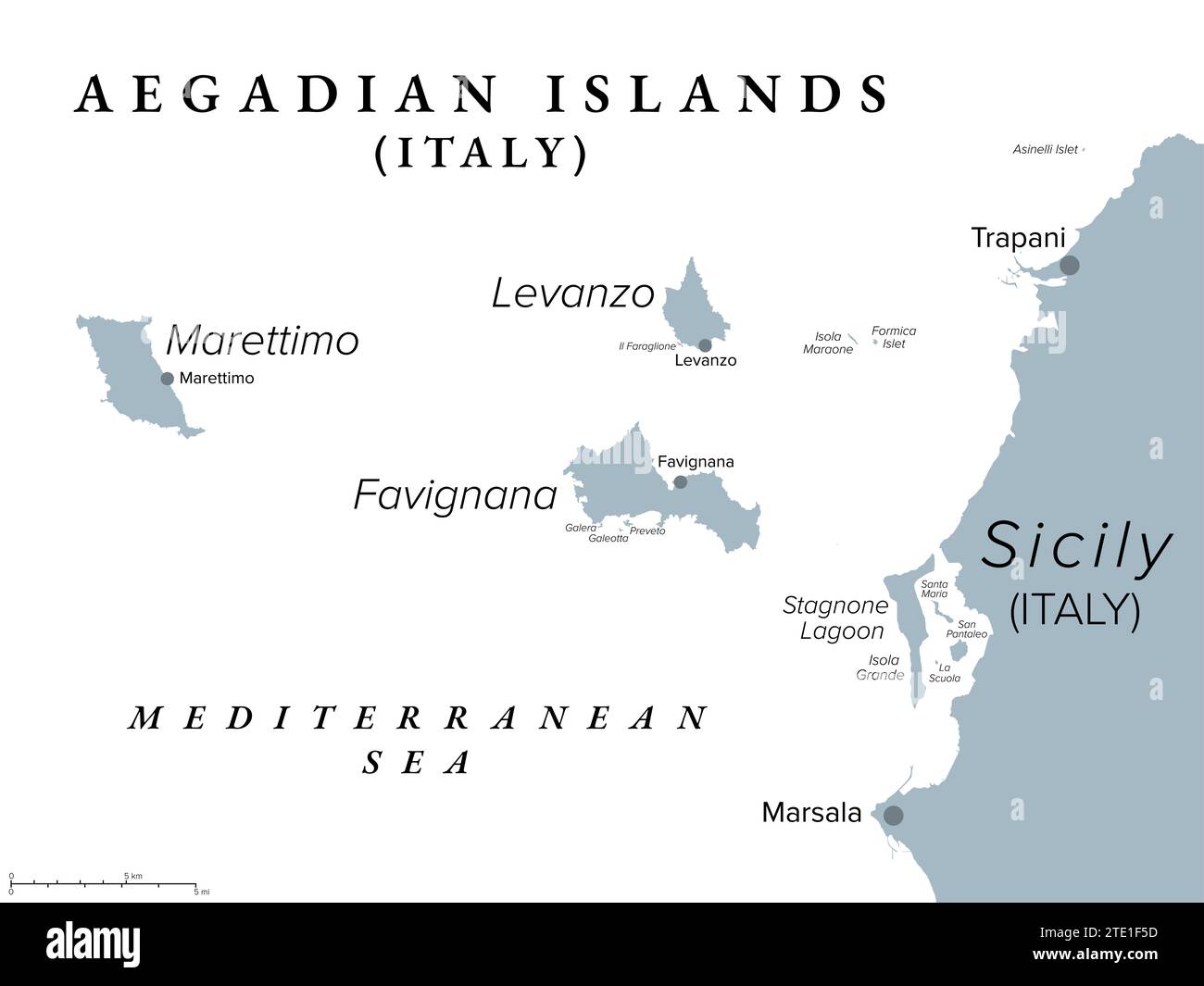 Ägadische Inseln, Favignana, Levanzo, Marettimo, politische Karte. Gruppe von kleinen bergigen Inseln im Mittelmeer vor der Küste Siziliens. Stockfoto